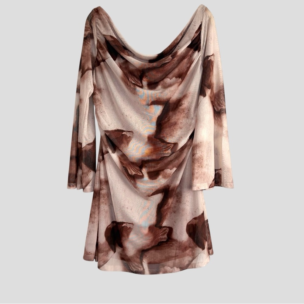 SHEIN BAE Mini Mesh Dress Sheer Cowl Neck Curve 2XL Mocha Cream Y2K Grunge Fairy - Picture 2 of 8